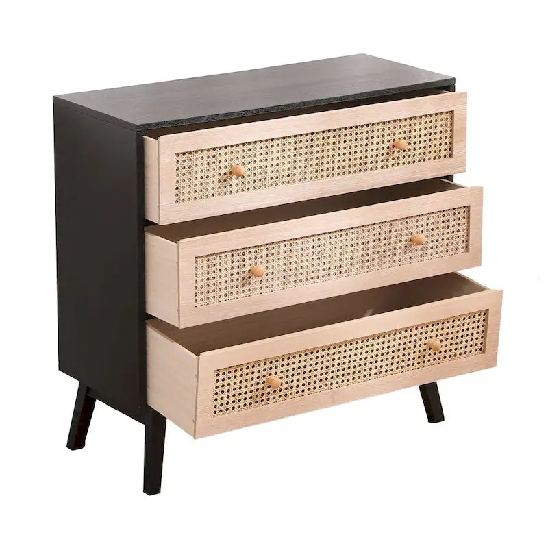 Natural Rattan 3-Drawer Storage Cabinet with Wood Legs