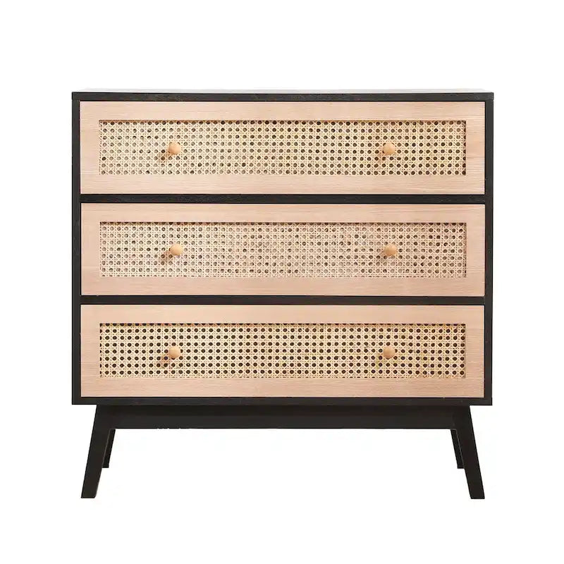 Natural Rattan 3-Drawer Storage Cabinet with Wood Legs