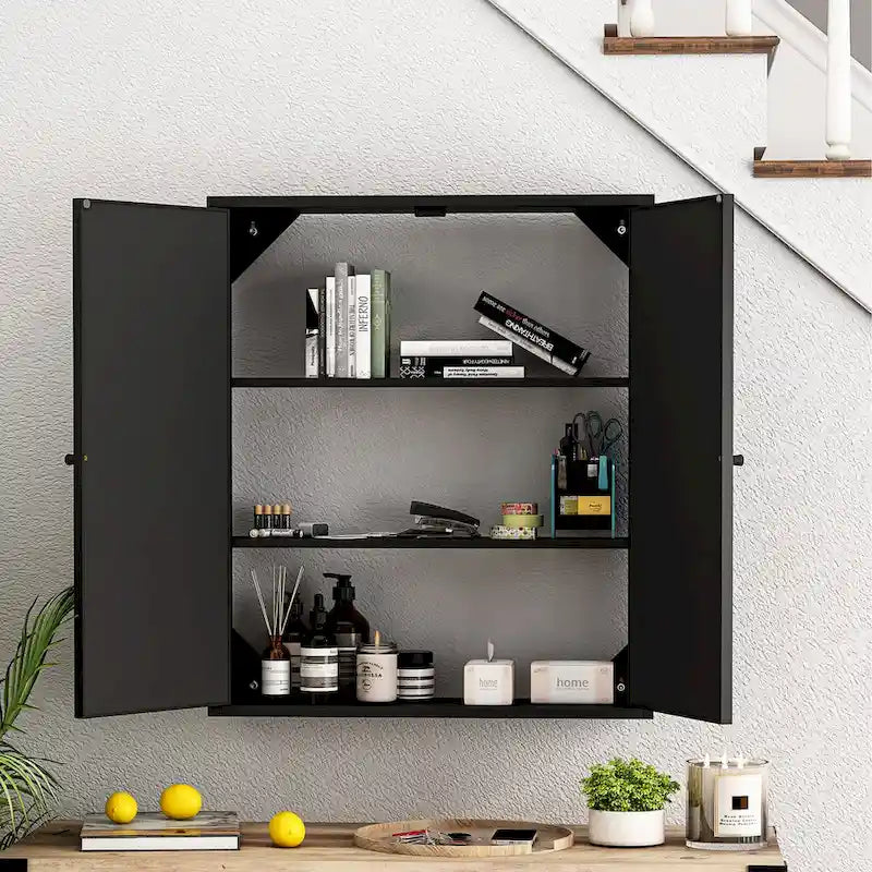 Vintage Two-Door Mirrored Wall Cabinet with 3-Tier Storage