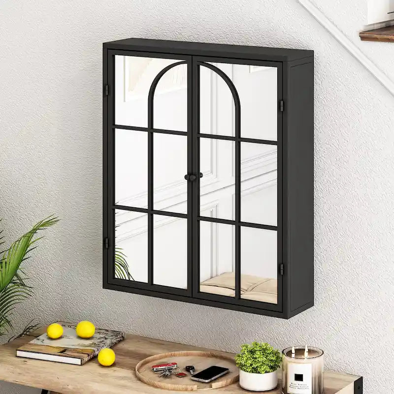 Vintage Two-Door Mirrored Wall Cabinet with 3-Tier Storage