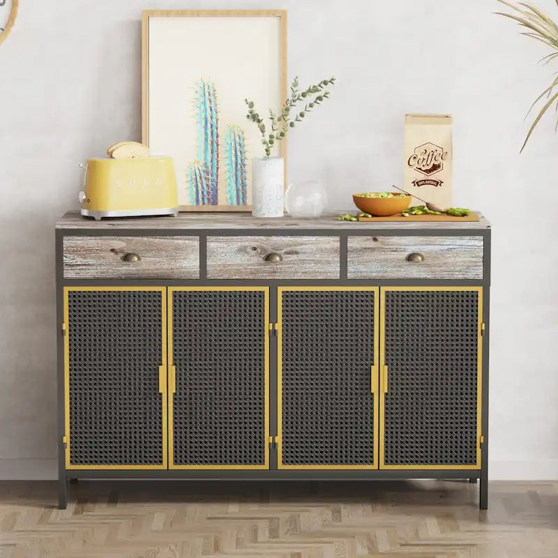 Modern Sideboard with 3 Drawers & 2 Cabinets — Iron & Solid Wood Frame, Dark Gray