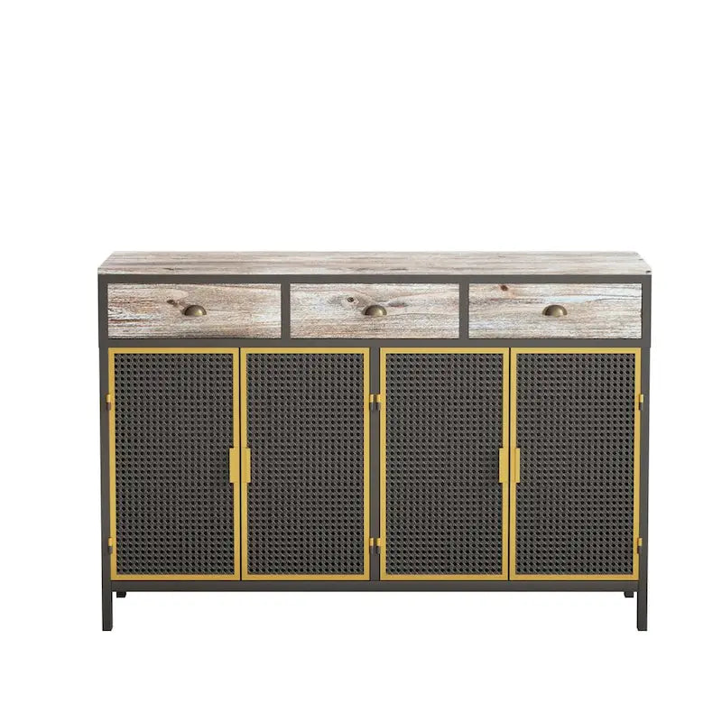 Modern Sideboard with 3 Drawers & 2 Cabinets — Iron & Solid Wood Frame, Dark Gray