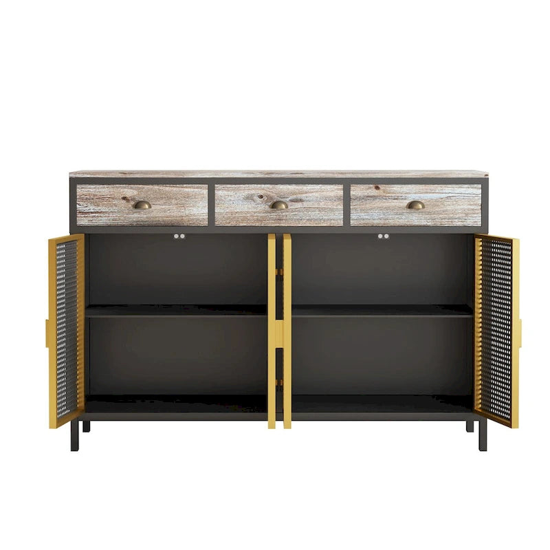 Modern Sideboard with 3 Drawers & 2 Cabinets — Iron & Solid Wood Frame, Dark Gray
