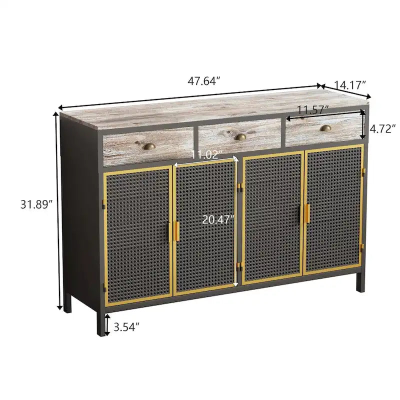 Modern Sideboard with 3 Drawers & 2 Cabinets — Iron & Solid Wood Frame, Dark Gray