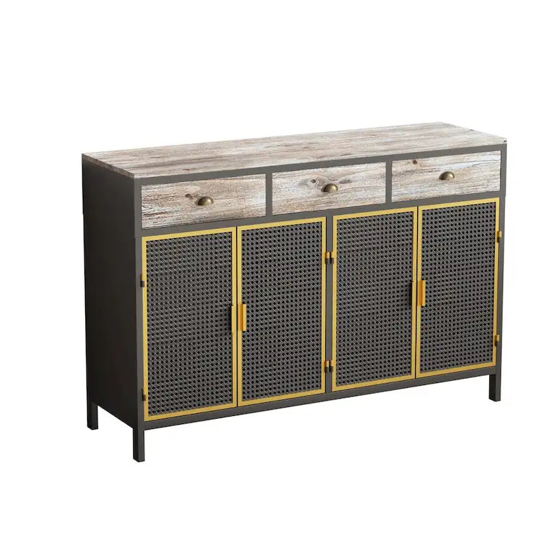 Modern Sideboard with 3 Drawers & 2 Cabinets — Iron & Solid Wood Frame, Dark Gray