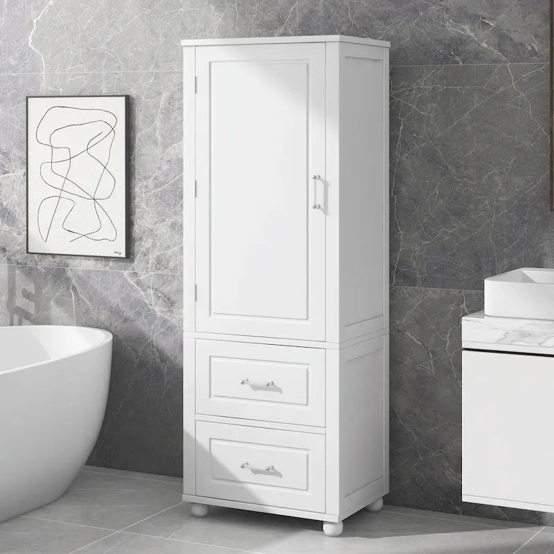 Tall Freestanding Storage Cabinet with 2 Drawers & Adjustable Shelves