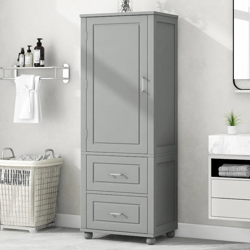 Tall Freestanding Storage Cabinet with 2 Drawers & Adjustable Shelves