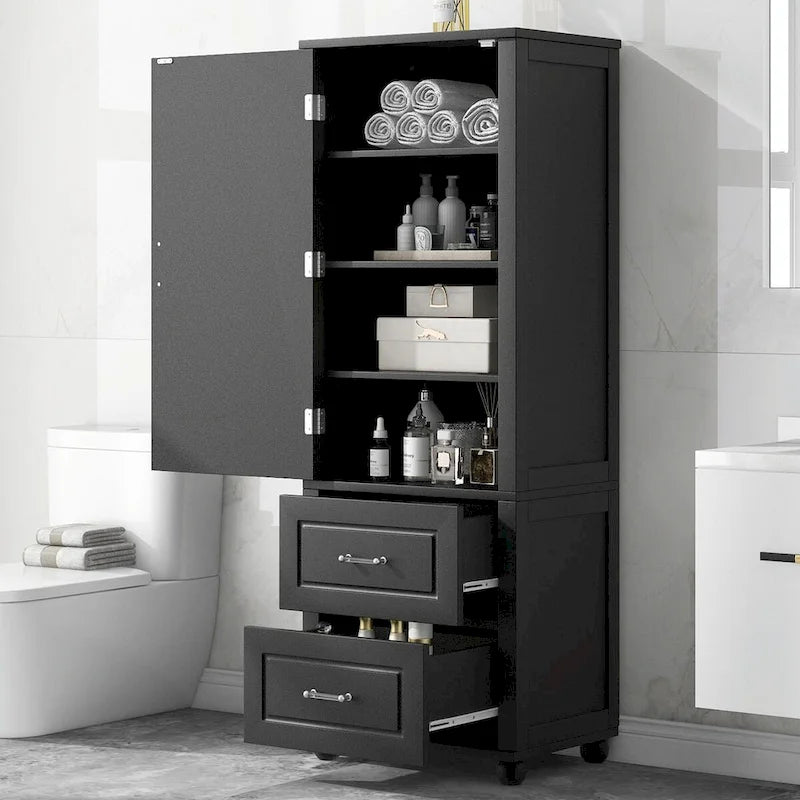Tall Freestanding Storage Cabinet with 2 Drawers & Adjustable Shelves