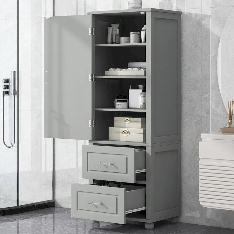 Tall Freestanding Storage Cabinet with 2 Drawers & Adjustable Shelves