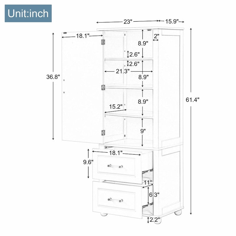 Tall Freestanding Storage Cabinet with 2 Drawers & Adjustable Shelves