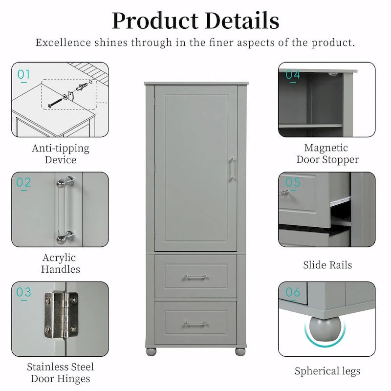 Tall Freestanding Storage Cabinet with 2 Drawers & Adjustable Shelves