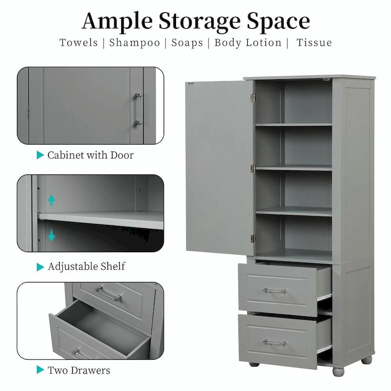 Tall Freestanding Storage Cabinet with 2 Drawers & Adjustable Shelves