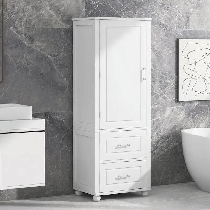 Tall Freestanding Storage Cabinet with 2 Drawers & Adjustable Shelves