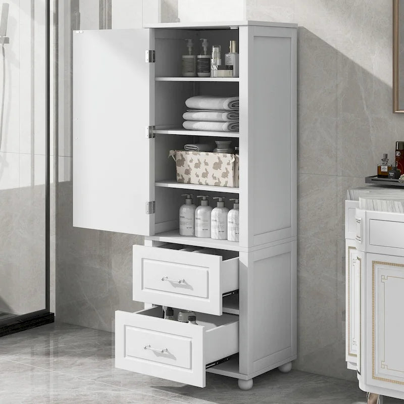 Tall Freestanding Storage Cabinet with 2 Drawers & Adjustable Shelves