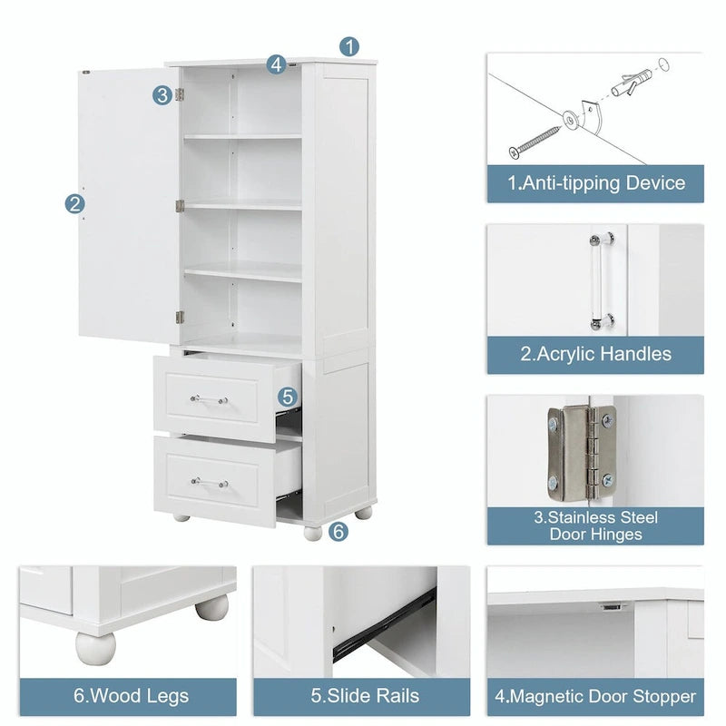 Tall Freestanding Storage Cabinet with 2 Drawers & Adjustable Shelves
