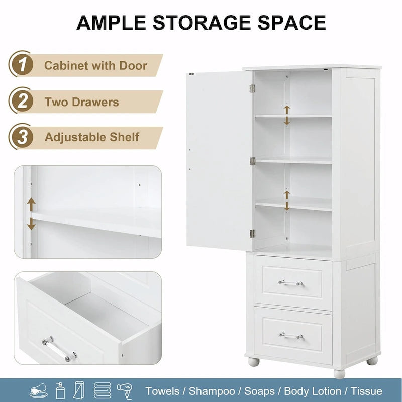 Tall Freestanding Storage Cabinet with 2 Drawers & Adjustable Shelves