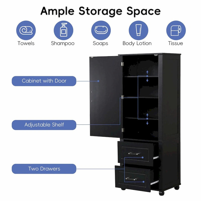 Tall Freestanding Storage Cabinet with 2 Drawers & Adjustable Shelves