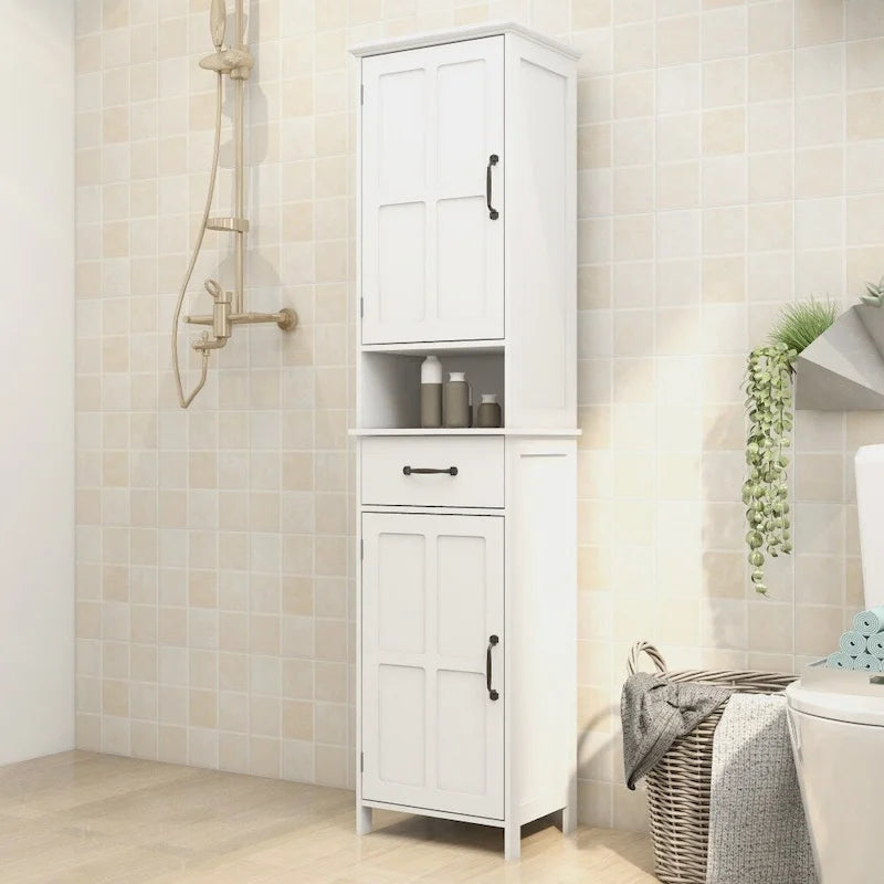 Slim Double-Door Floor Storage Cabinet with 5 Shelves & Drawer — White