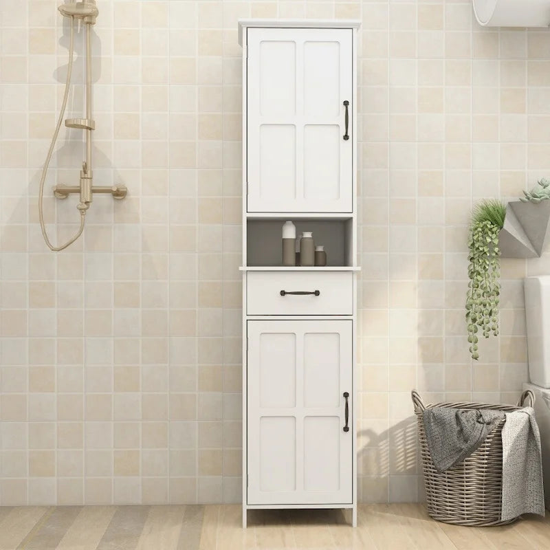 Slim Double-Door Floor Storage Cabinet with 5 Shelves & Drawer — White