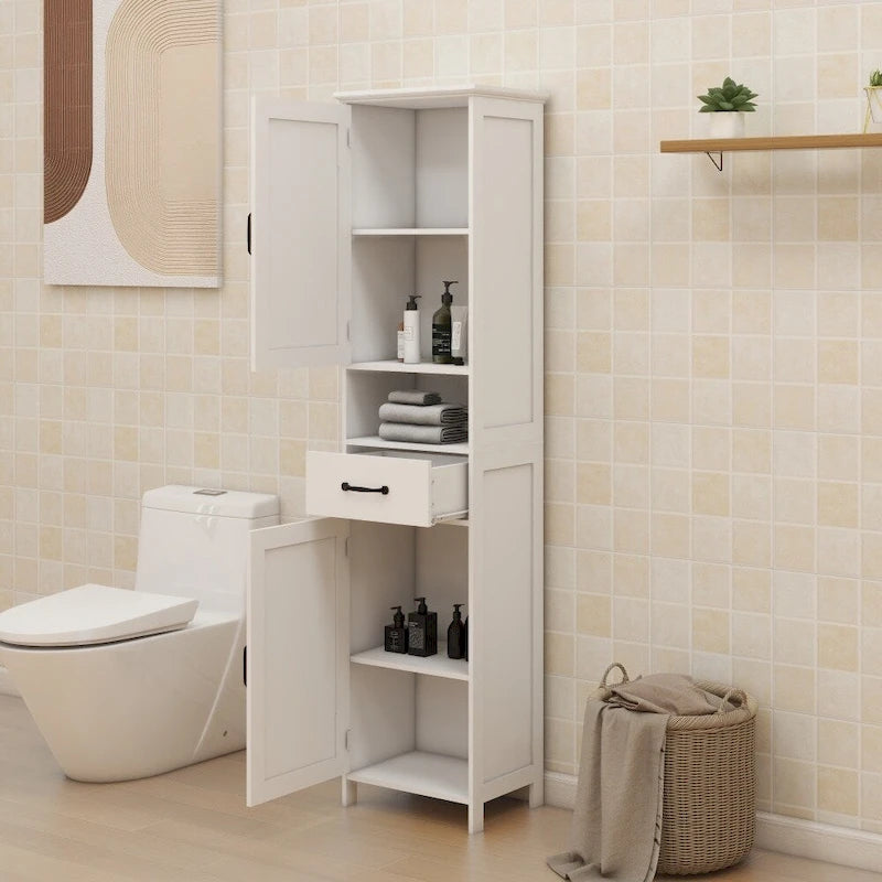 Slim Double-Door Floor Storage Cabinet with 5 Shelves & Drawer — White