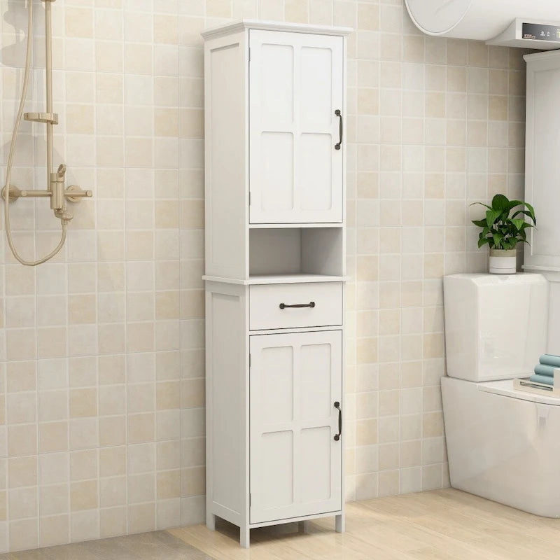 Slim Double-Door Floor Storage Cabinet with 5 Shelves & Drawer — White