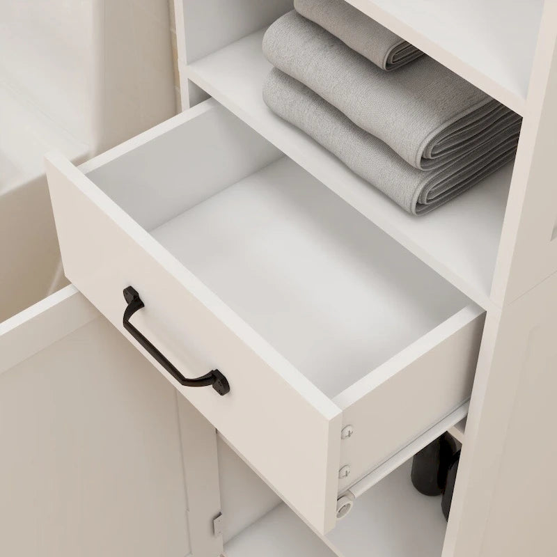 Slim Double-Door Floor Storage Cabinet with 5 Shelves & Drawer — White