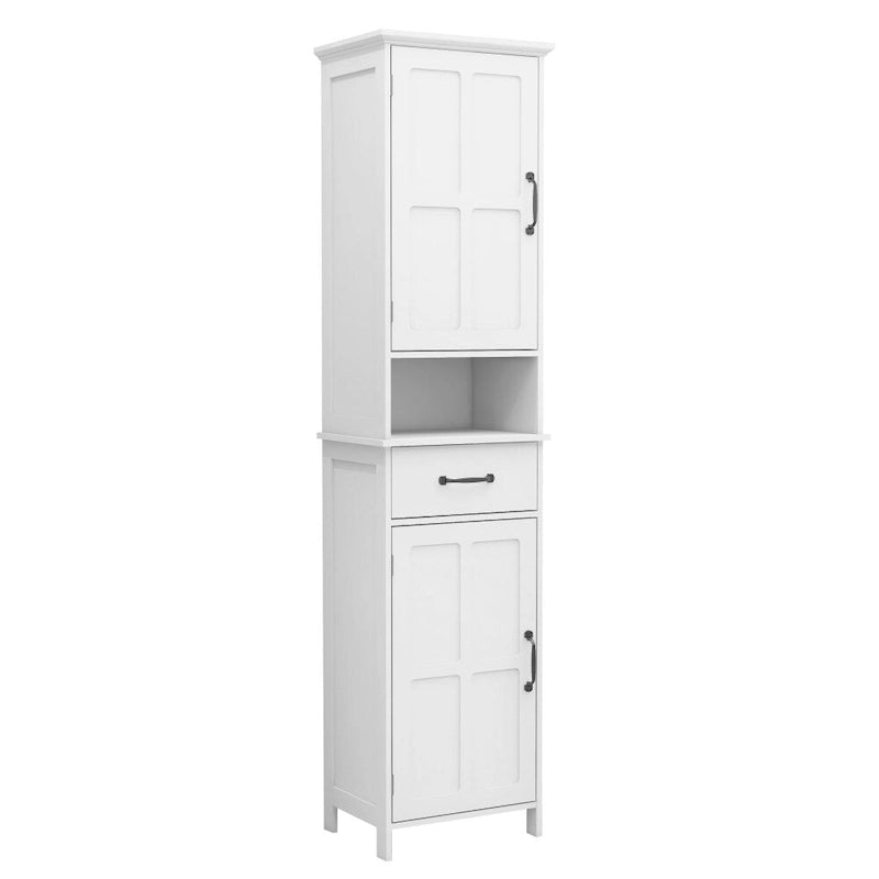 Slim Double-Door Floor Storage Cabinet with 5 Shelves & Drawer — White