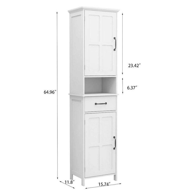 Slim Double-Door Floor Storage Cabinet with 5 Shelves & Drawer — White
