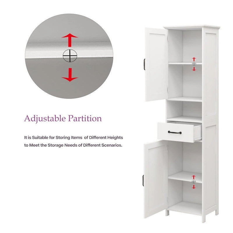 Slim Double-Door Floor Storage Cabinet with 5 Shelves & Drawer — White