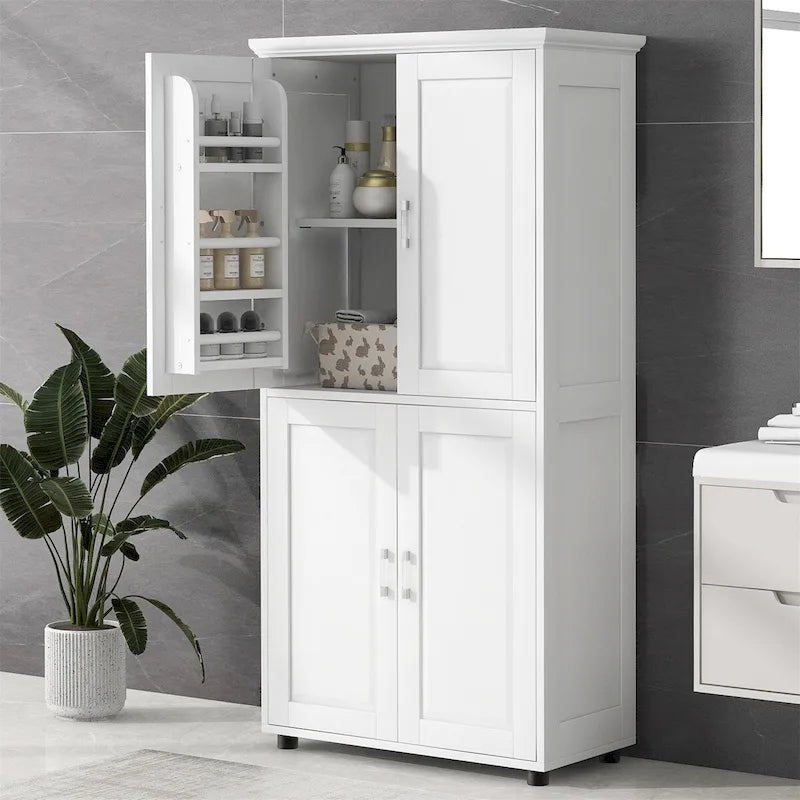 Tall Bathroom Floor Storage Cabinet with 4 Doors & Adjustable Shelves