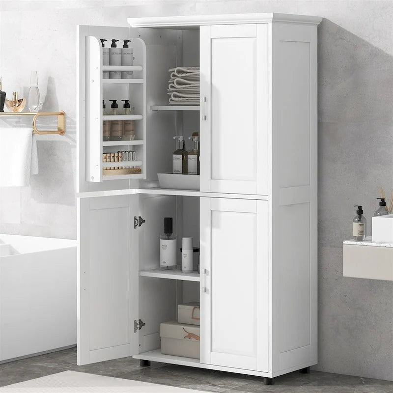 Tall Bathroom Floor Storage Cabinet with 4 Doors & Adjustable Shelves