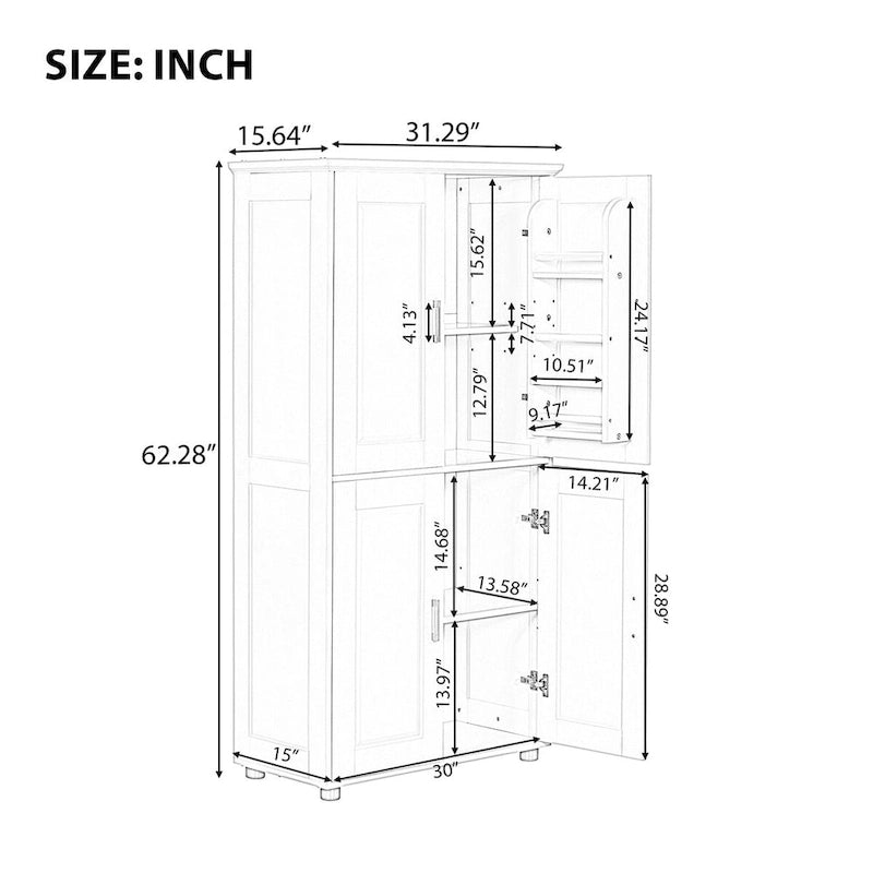 Tall Bathroom Floor Storage Cabinet with 4 Doors & Adjustable Shelves