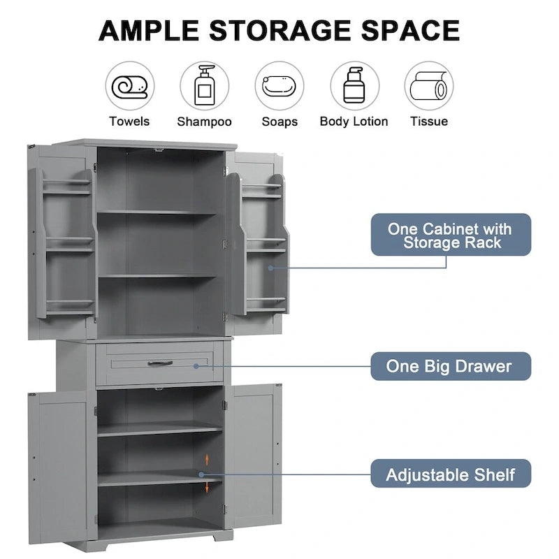 Tall Multi-Tier Storage Cabinet with Doors, Drawer & Adjustable Shelf