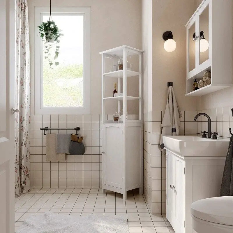 Slim Floor Cabinet with Open Shelves & Adjustable Interior Shelf
