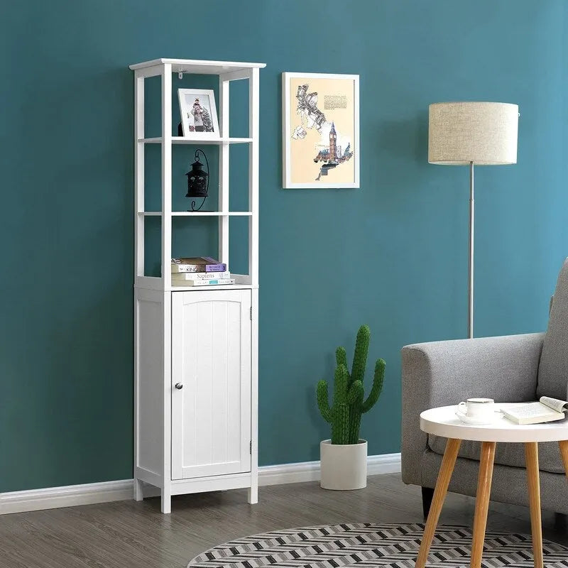 Slim Floor Cabinet with Open Shelves & Adjustable Interior Shelf