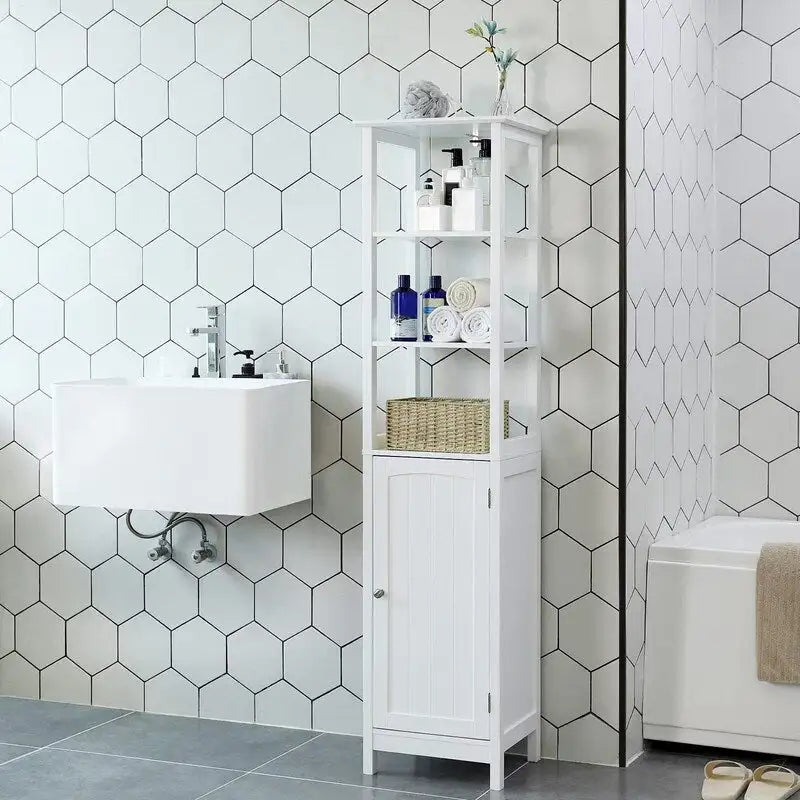 Slim Floor Cabinet with Open Shelves & Adjustable Interior Shelf
