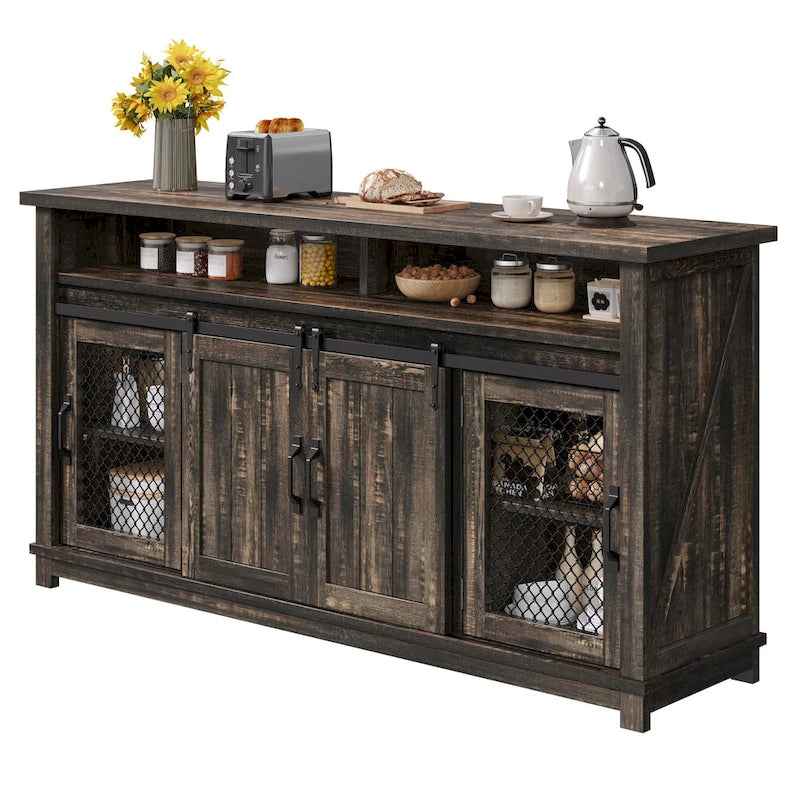 Farmhouse Sideboard Buffet Cabinet with Sliding Barn Doors & Grid Doors