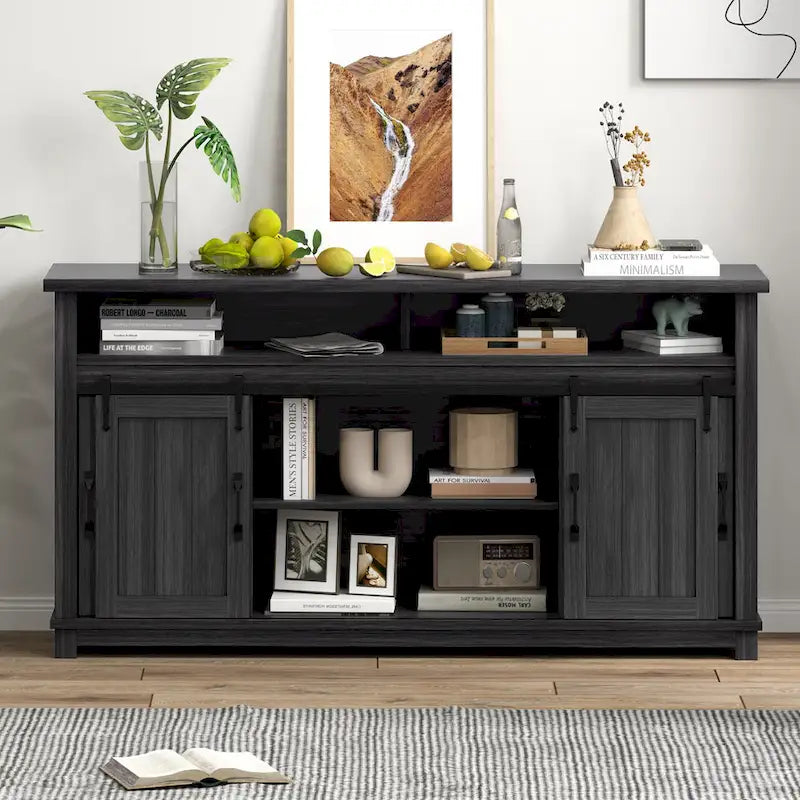 Farmhouse Sideboard Buffet Cabinet with Sliding Barn Doors & Grid Doors