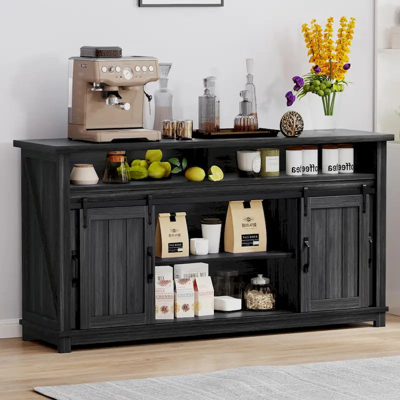 Farmhouse Sideboard Buffet Cabinet with Sliding Barn Doors & Grid Doors
