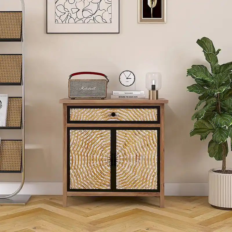 Natural Wood Storage Cabinet with Drawers & Doors