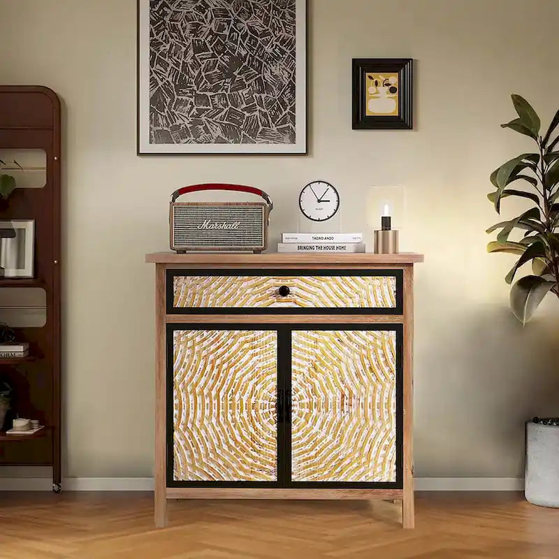 Natural Wood Storage Cabinet with Drawers & Doors