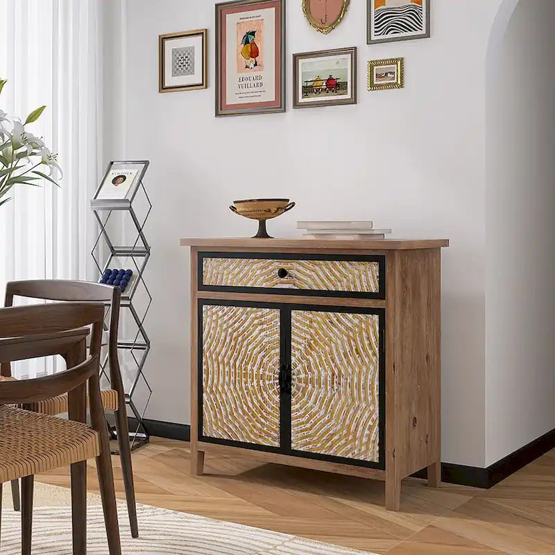 Natural Wood Storage Cabinet with Drawers & Doors