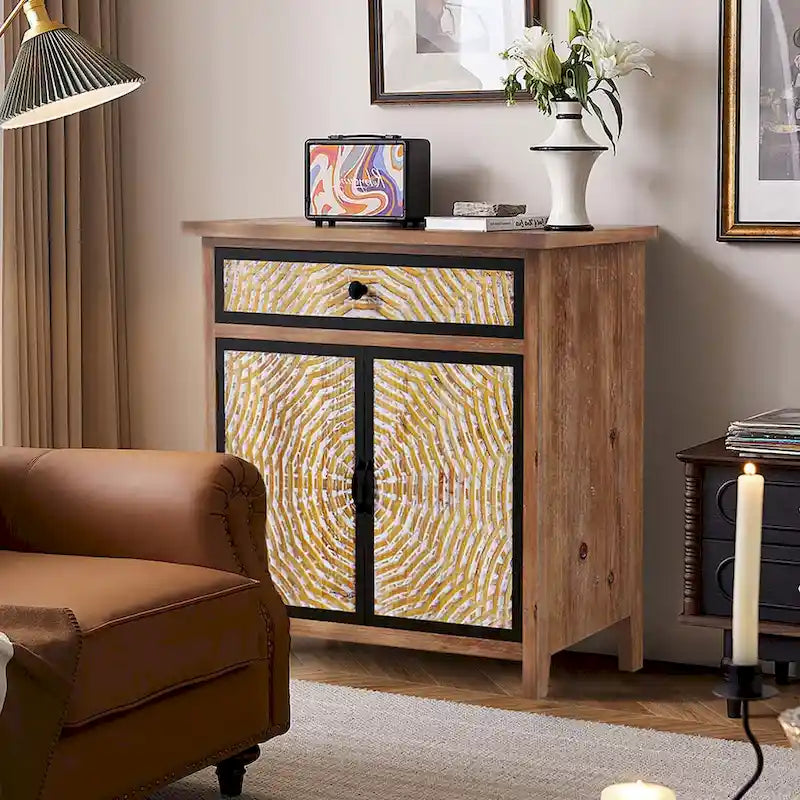 Natural Wood Storage Cabinet with Drawers & Doors