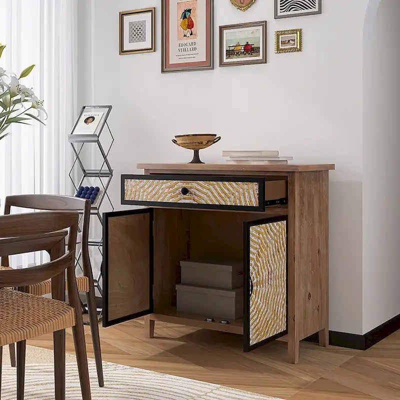 Natural Wood Storage Cabinet with Drawers & Doors