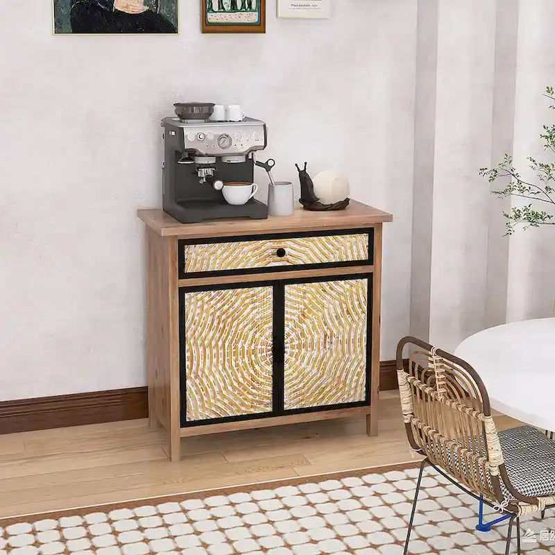 Natural Wood Storage Cabinet with Drawers & Doors