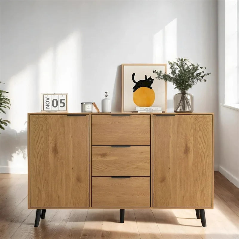 Wood Sideboard Buffet Cabinet with 3 Drawers & 2 Doors
