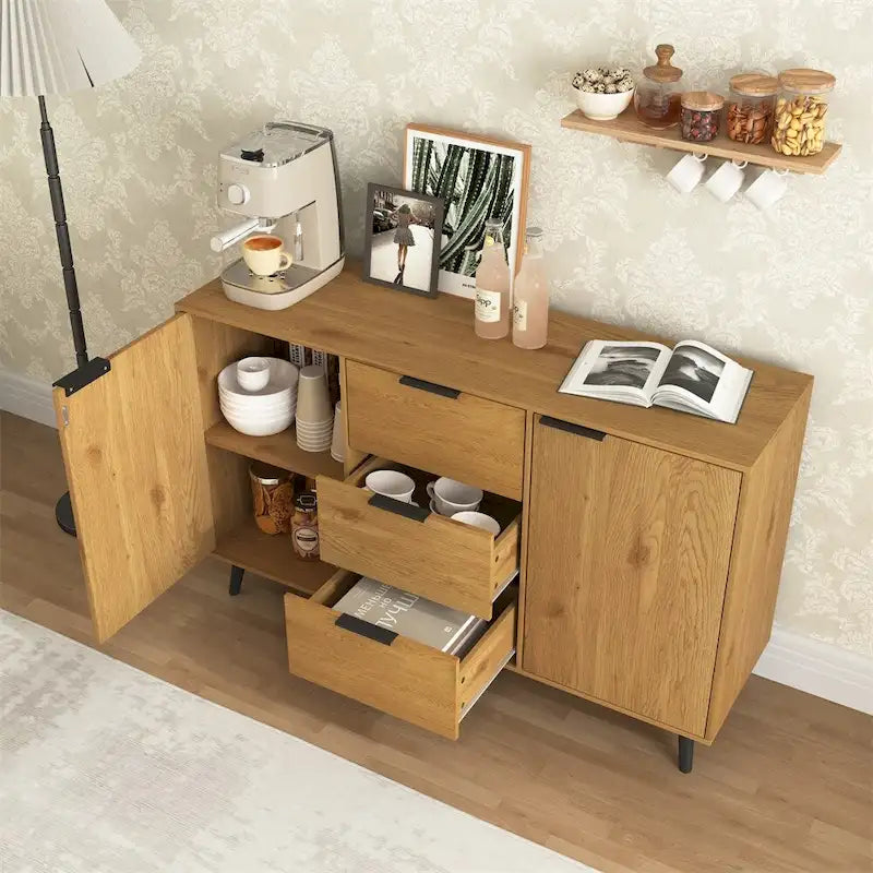 Wood Sideboard Buffet Cabinet with 3 Drawers & 2 Doors