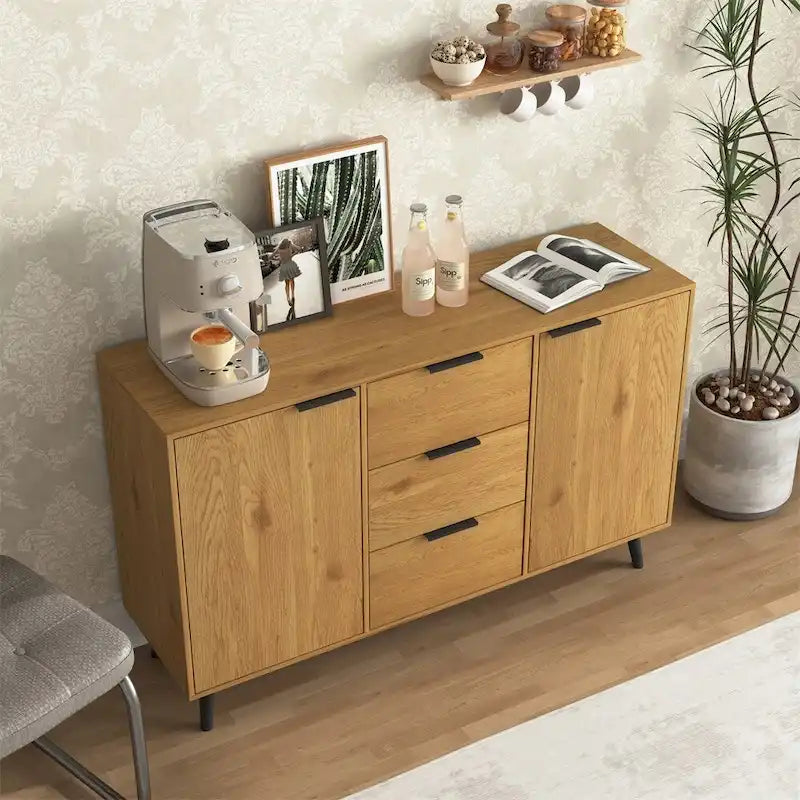 Wood Sideboard Buffet Cabinet with 3 Drawers & 2 Doors