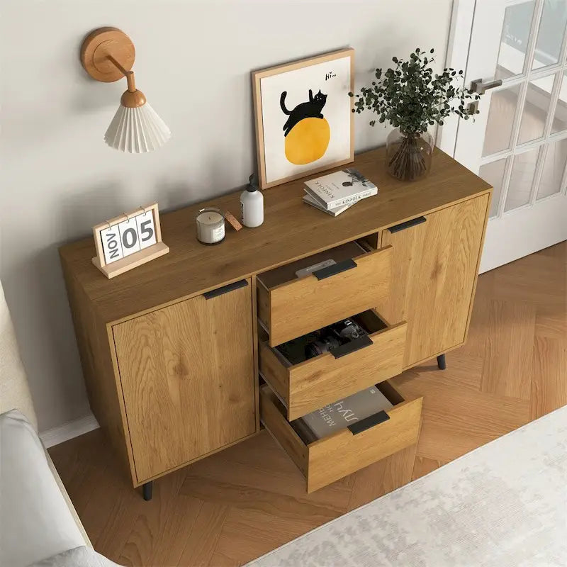 Wood Sideboard Buffet Cabinet with 3 Drawers & 2 Doors