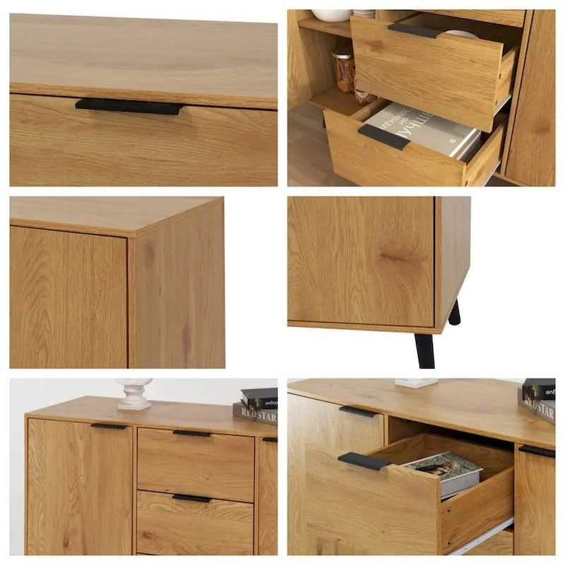 Wood Sideboard Buffet Cabinet with 3 Drawers & 2 Doors